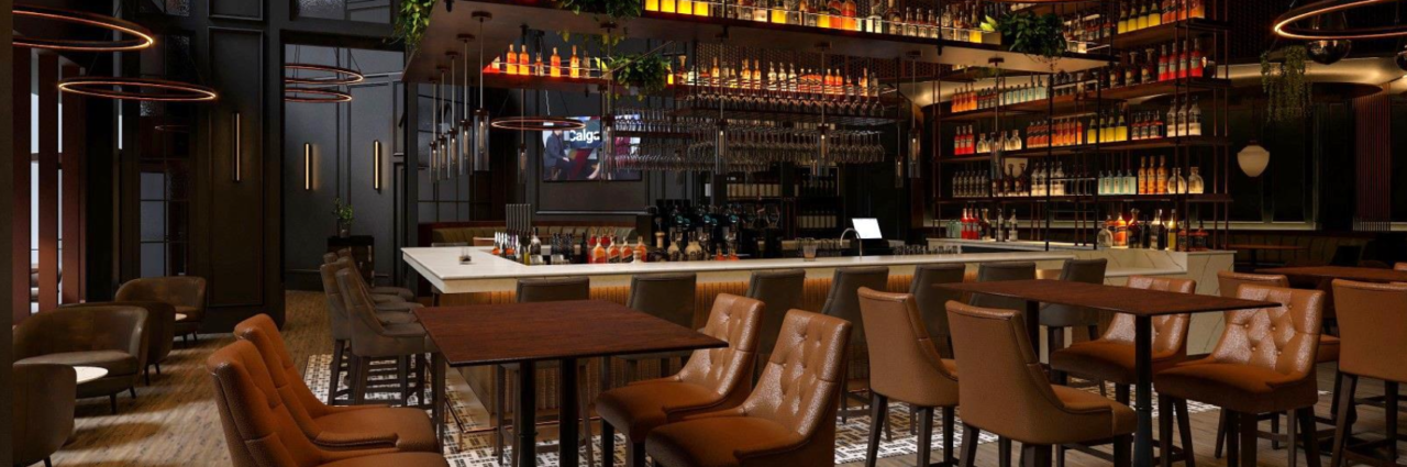 Official architectural visualization of ALVA’s bar with warm leather seating and an illuminated bottle wall