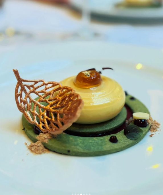 Illustrative sculptural dessert with a delicate golden lattice