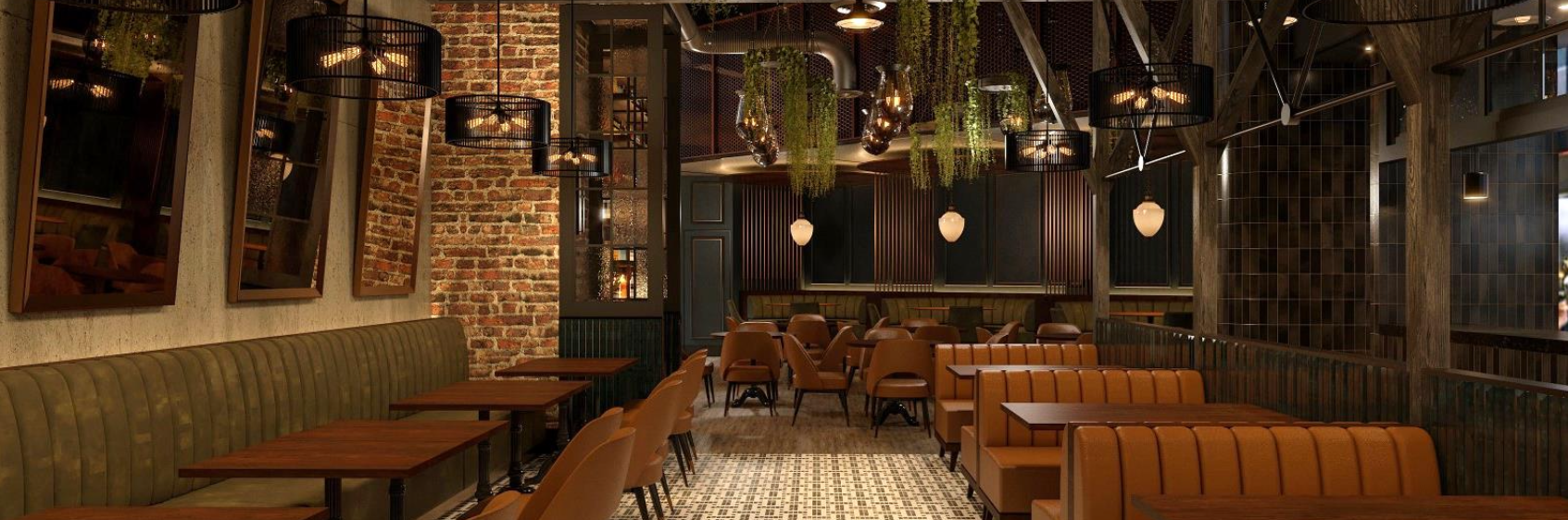Official architectural visualization of ALVA’s dining room with olive banquettes, brick and pendant lighting